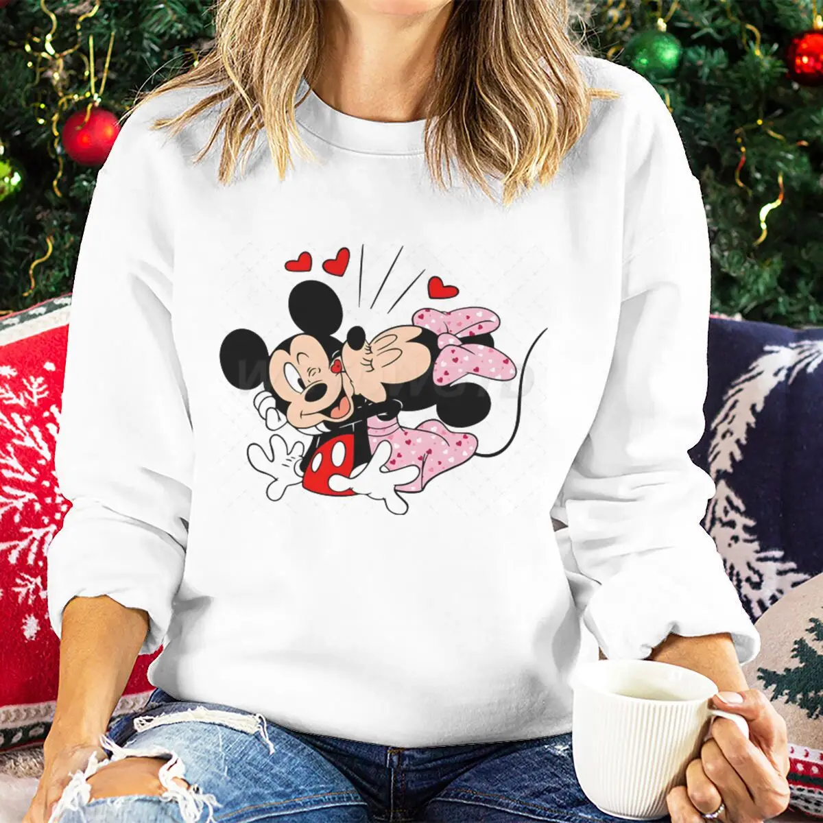 San Valentino Topolino Minnie Kiss Love Maglione Coquette Bow Minnie Mouse Felpe festive San Valentino Cuore Pullover a maniche lunghe