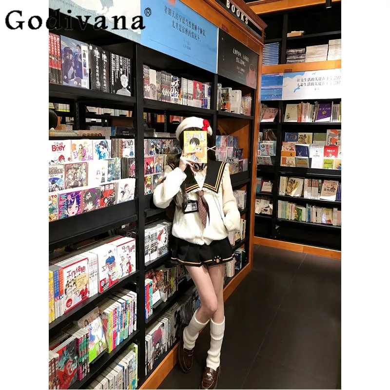 Süße Winter Neue Japanische Stil Outfits Frauen College Stil Nette Falten Rock Set Weibliche Navy Kragen Plüsch Top Rock Anzüge