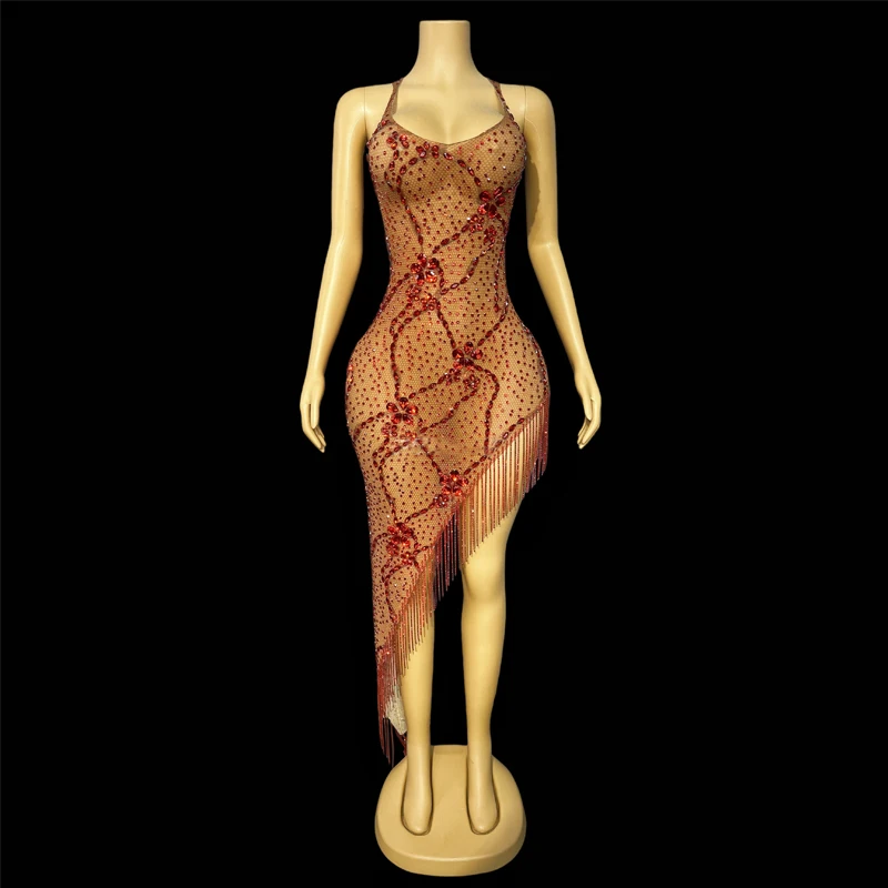 Vestido de fiesta con flecos y diamantes de imitación rojos para mujer, trajes de Festival de actuación, vestidos de fiesta de noche, Bar, DJ, trajes de baile de Jazz XS10089