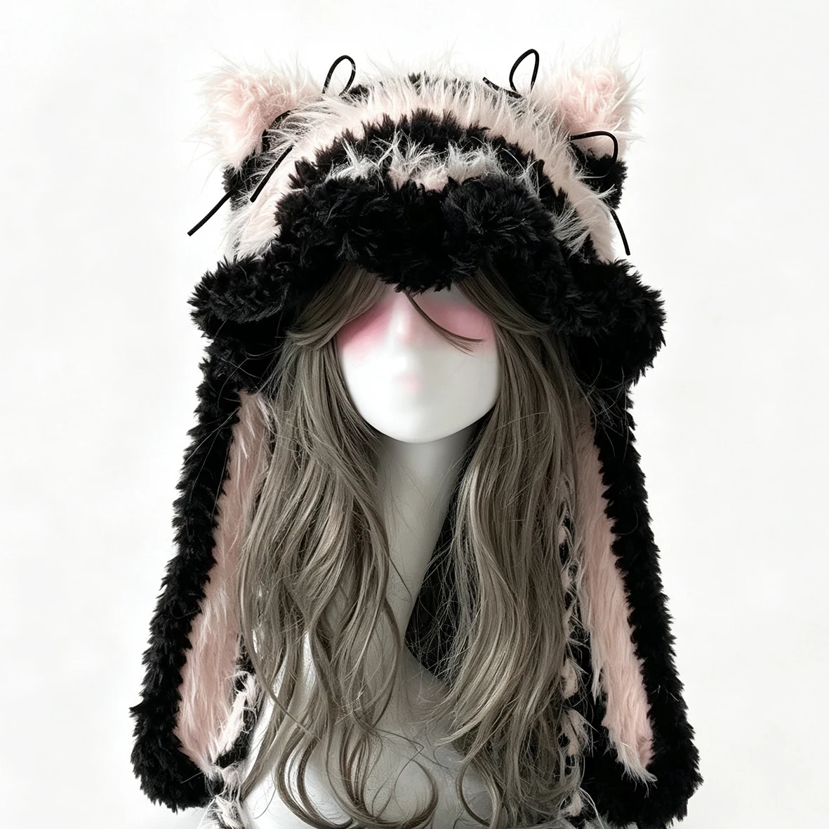 Custom Handmade Black Pink Cat Rabbit Ears Crochet Hat Women Fuzzy Winter Warm Knit Beanie Girls Kawaii Gothic Fairycore Cap