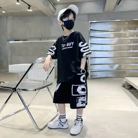 여름 트렌디 캐주얼 스포츠 티셔츠 및 바지 수트, 3-14 세 십대 소년, 힙합 스타일 패션 의상, 의류 세트, 2 피스