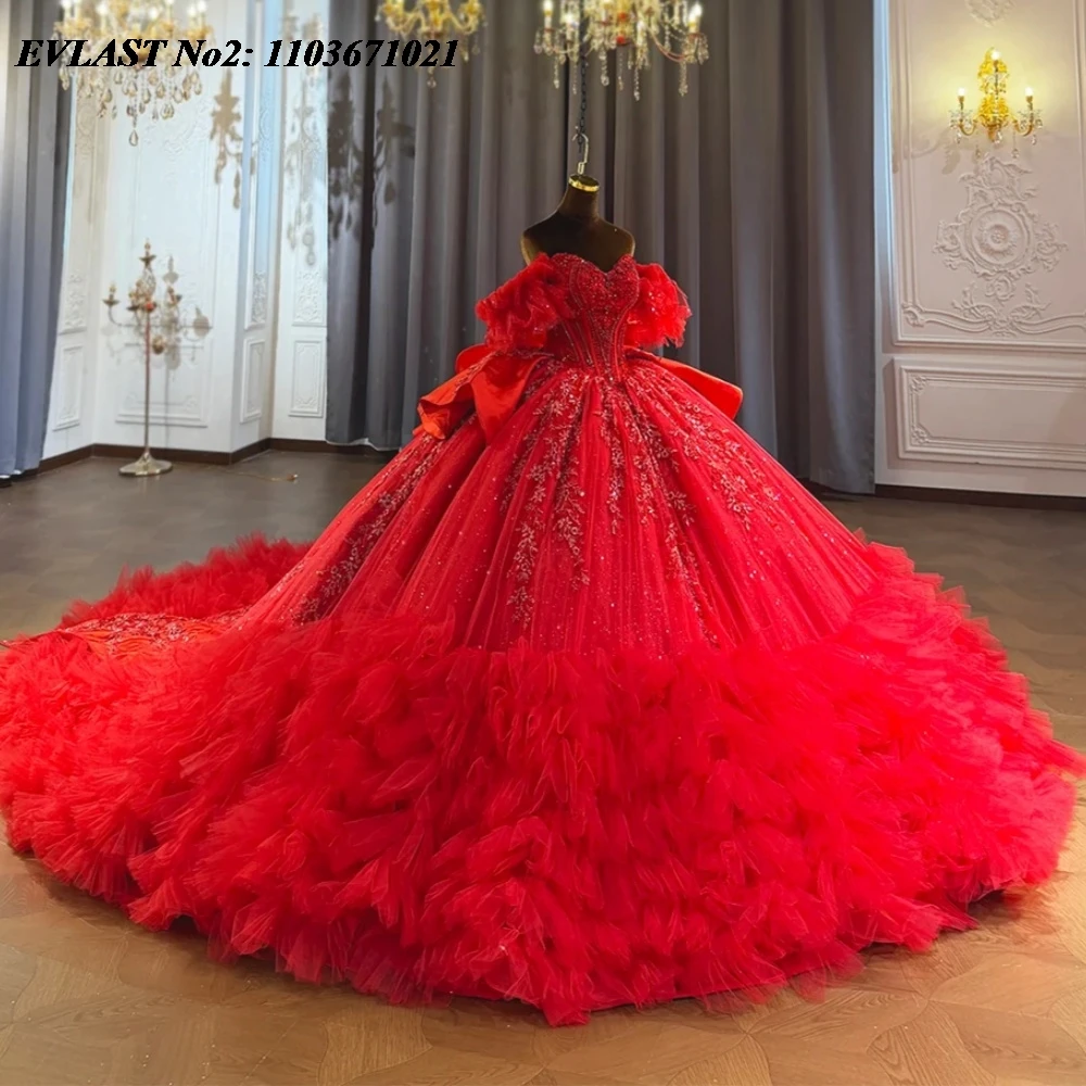 EVLAST Customized Glitter Red Quinceanera Dress Tiered Lace Applique Beading Mexican Sweet 16 Party Vestidos De 15 Anos E2QA657