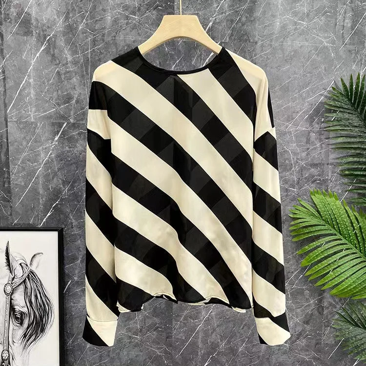 High end temperament diagonal stripes simulation silk mulberry silk long sleeved shirt jacket top  blusas