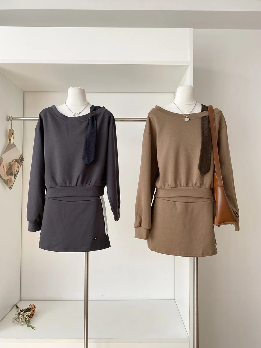 

2025 Autumn New Korean Style Pure Color Casual Loose Long Sleeve Hoodie High Waist Slimming Skirt Pants Women's Trendy Set