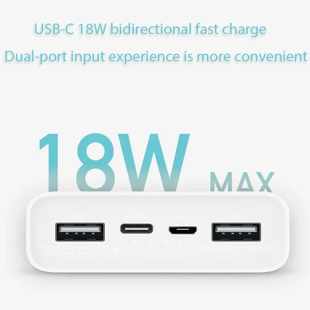 Xiaomi Mi Power Bank 20000mAh 3 PD18W Portable Quick Charged PLM18ZM Fast Charging External Battery USB Type C Input Output Port
