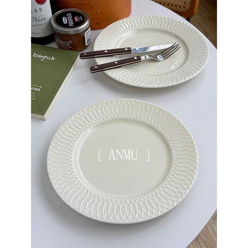French Style Relief Ceramic Plates 2026 New Household Light Luxury Round Dinner Tableware Exquisite High End Beef Steak Dish