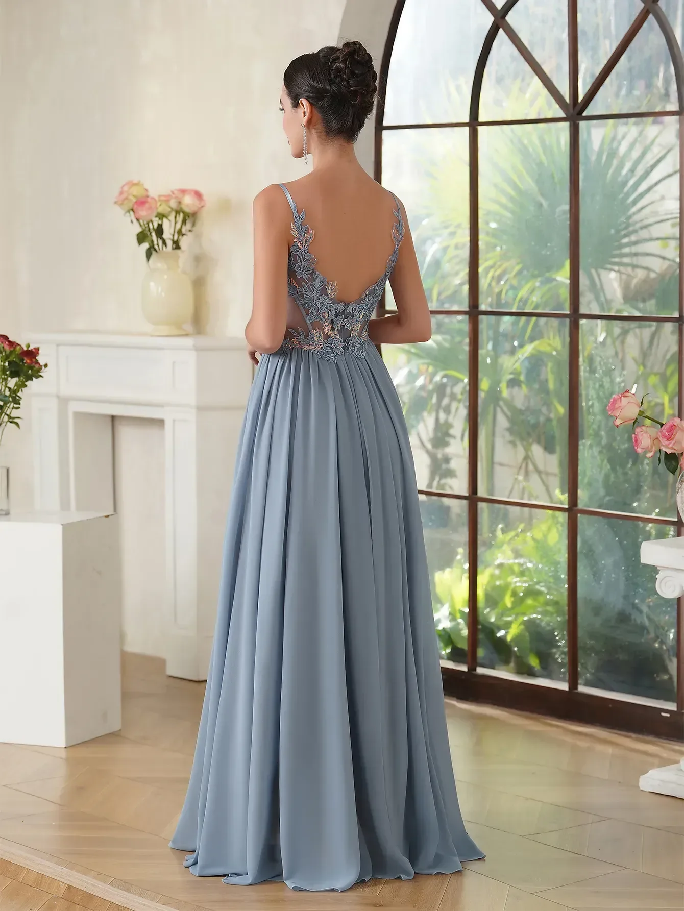 New sexy backless Evening dress Chiffon Decal A line transparent V-neck backless long formal  pageant party ball dress