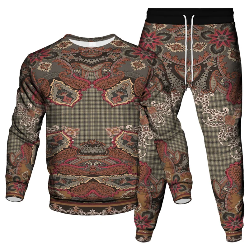 Vintage Paisley Print Leopard Logo Print Men's Clothing Set Sweatshirt Jogging Pants 2 Sets New Women's Outdoor Sportswear