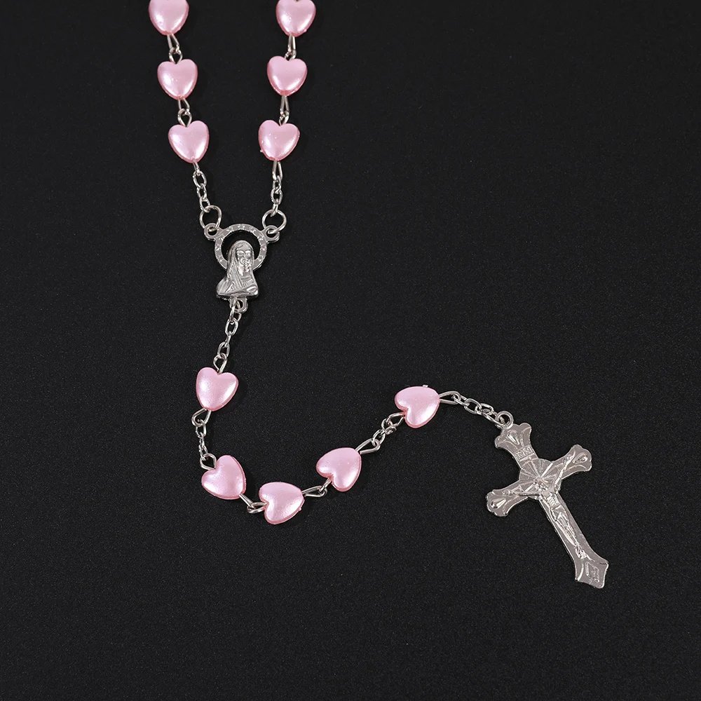 Religiöse Rosenkranz-Halsketten für Damen, rosa, weiße Herzperlen, Kette, Anhänger mit der Jungfrau Maria und Kreuz, Herren-Gebets- und Party-Schmuck, Geschenk – Detail 4