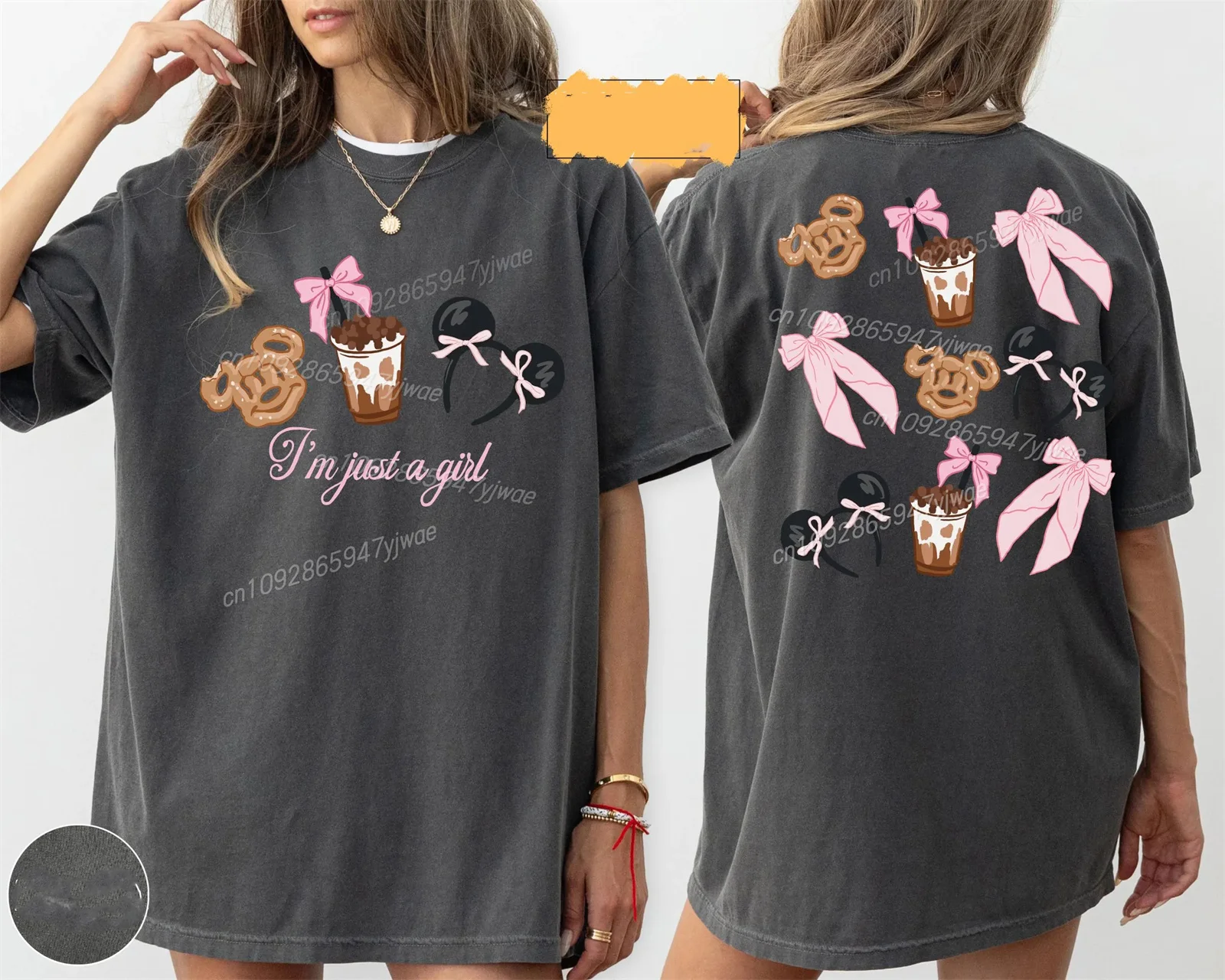 

I'm Just a Girl Disney Two Sided Watercolor Cake Tee Pink Coquette Bow Coffee Graphic T-shirt Womens' vacation cotton T-shirt