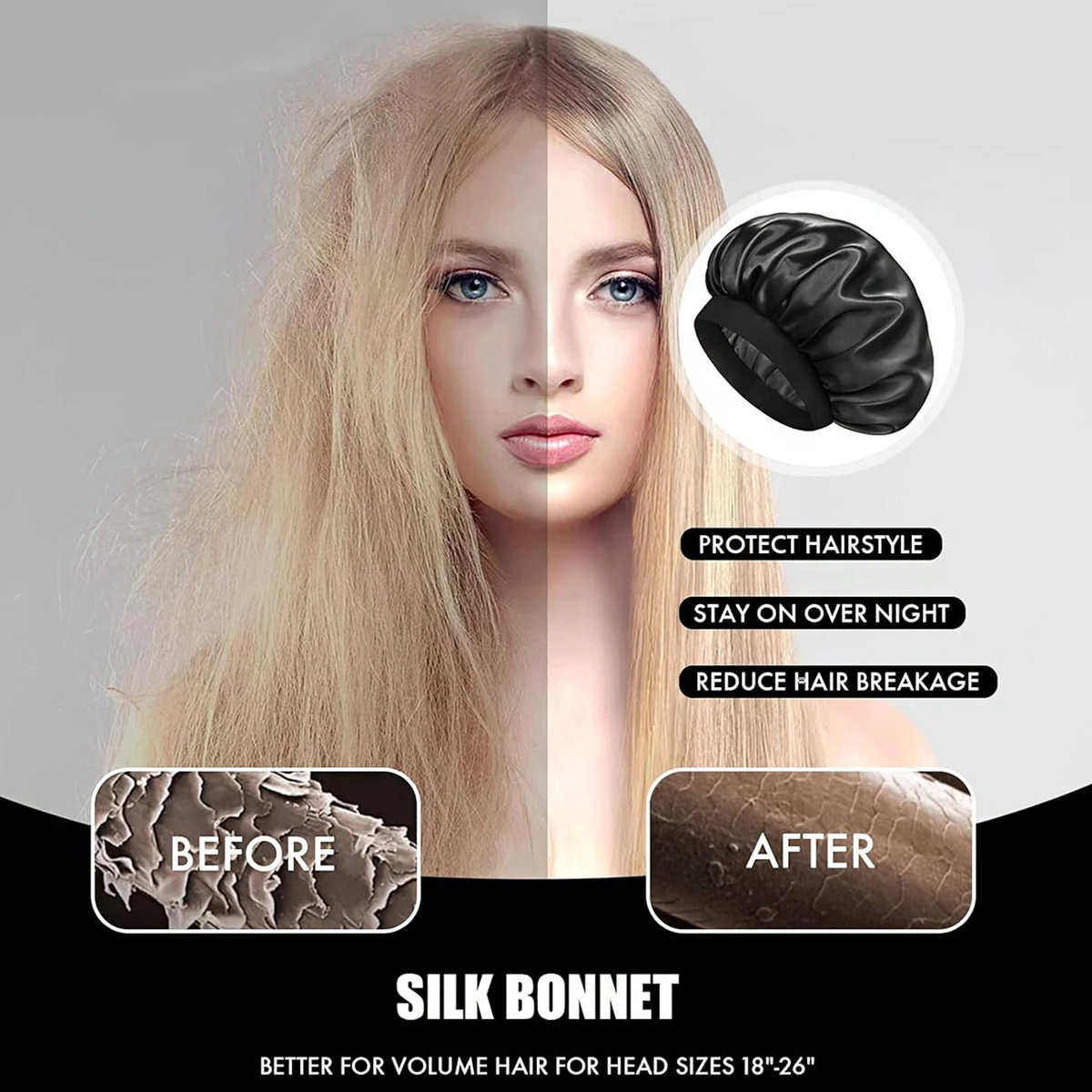 3개입 새틴 와이드 브림 나이트캡, 신축성 있는 부드러운 밴드가 있는 나이트캡, 데일리 홈 캐주얼 나이트캡, 실제 모발 가발 전용