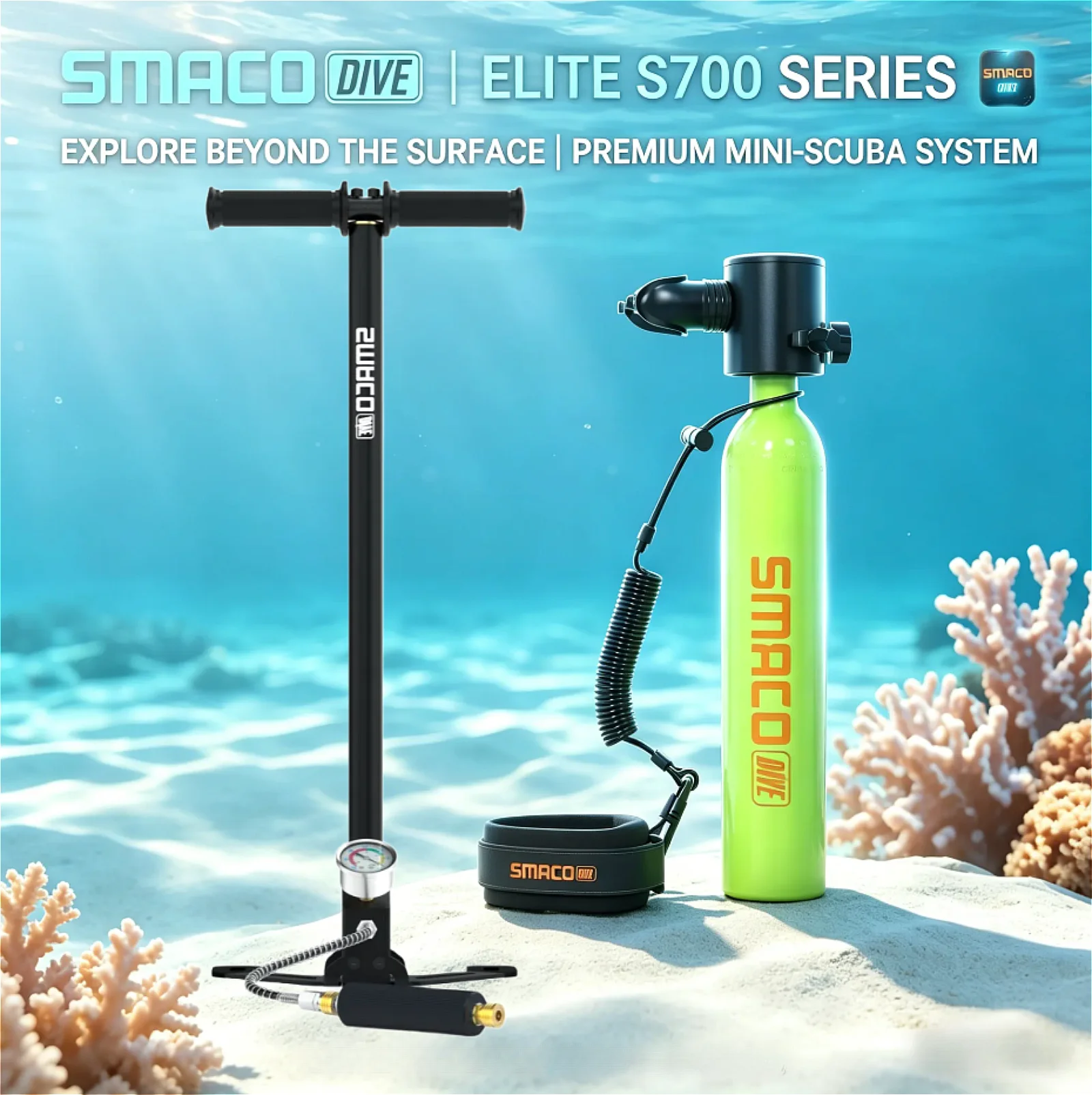 

Smaco S300 0.5L scuba cylinder with snorkel mask and manual air pump; portable storage case suitable for snorkelling and diving