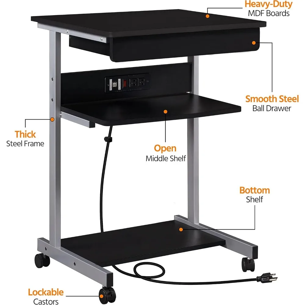 Premium 22 in Laptop Computer Table Home Office Desk with Power Outlet for Small Space, Mobile Compact Corner Workstation with