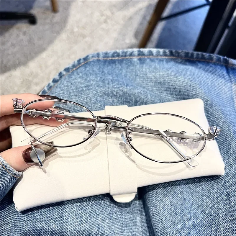 New Photochromic Diamond Inlaid Oval Myopia Glasses Trend High-end Small Frame Eyeglasses Anti Blue Light Near Sight Glasses