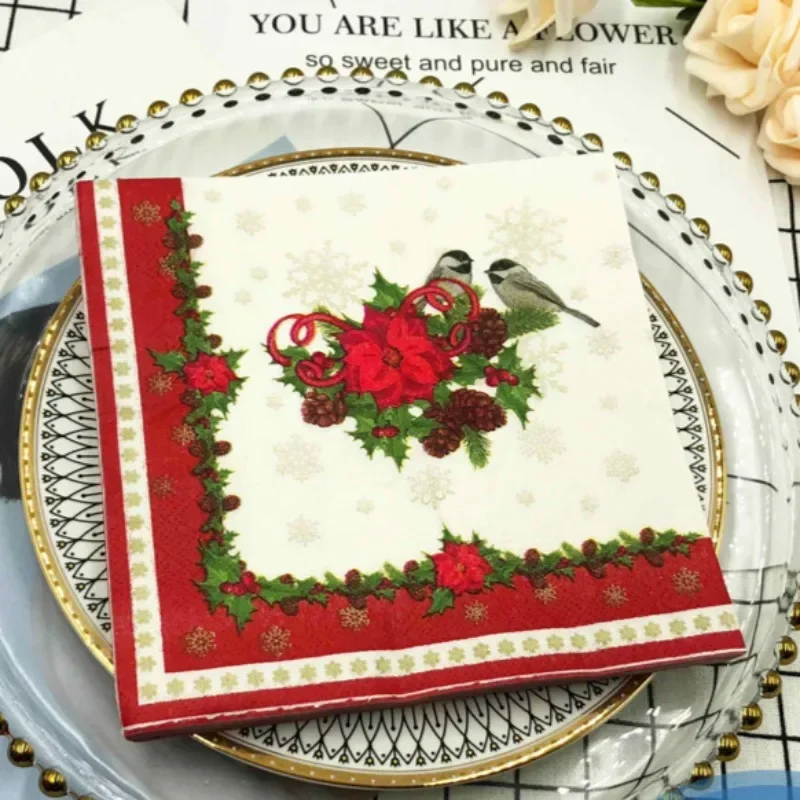 20pcs/Pac 33*33cm 2-Ply Christmas Style Red Lace Bird Colourful Printed Napkin Festive Party Paper Napkin Mouthcloths