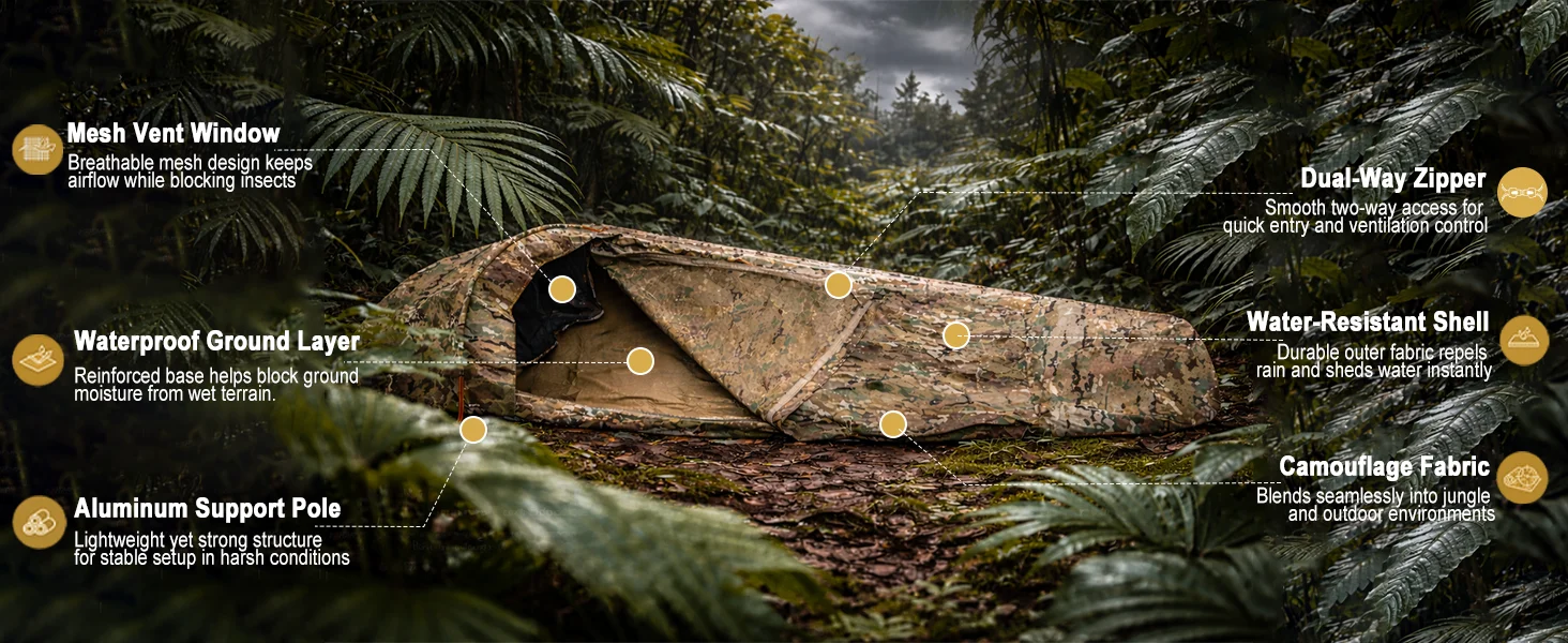 Tente de bivouac 1 place camouflage, présentation