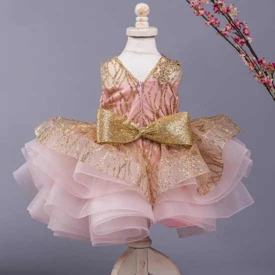 Cute Infant Girls Dresses Champagne Lace Flowers Pink Organza Knee Length Flower Girl Dress Kids First Birthday Party Gowns