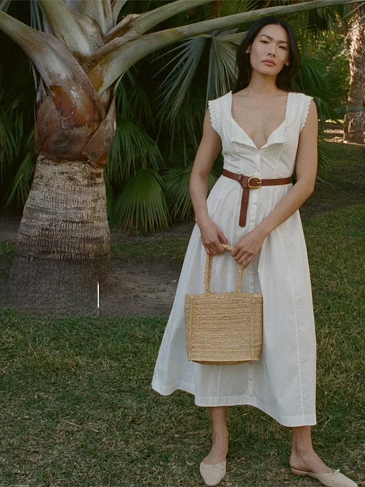 Biologisch katoen Kanten rand Svel Hoge taille Knoopsluiting Dr Dames Midi A-lijn Dr Zomer Woon-werkverkeer Basic Sle Pure kleur