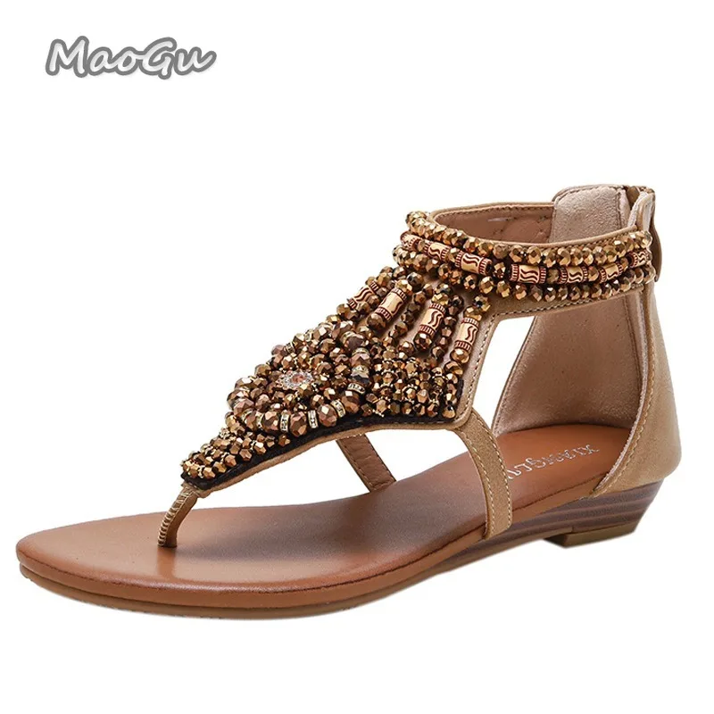 2025 Summer Women Beach Holiday Bohemian Crystal Slandals Fashion Bead Rhinestone Gladiator Non-slip Sandals Sandalias De Mujer