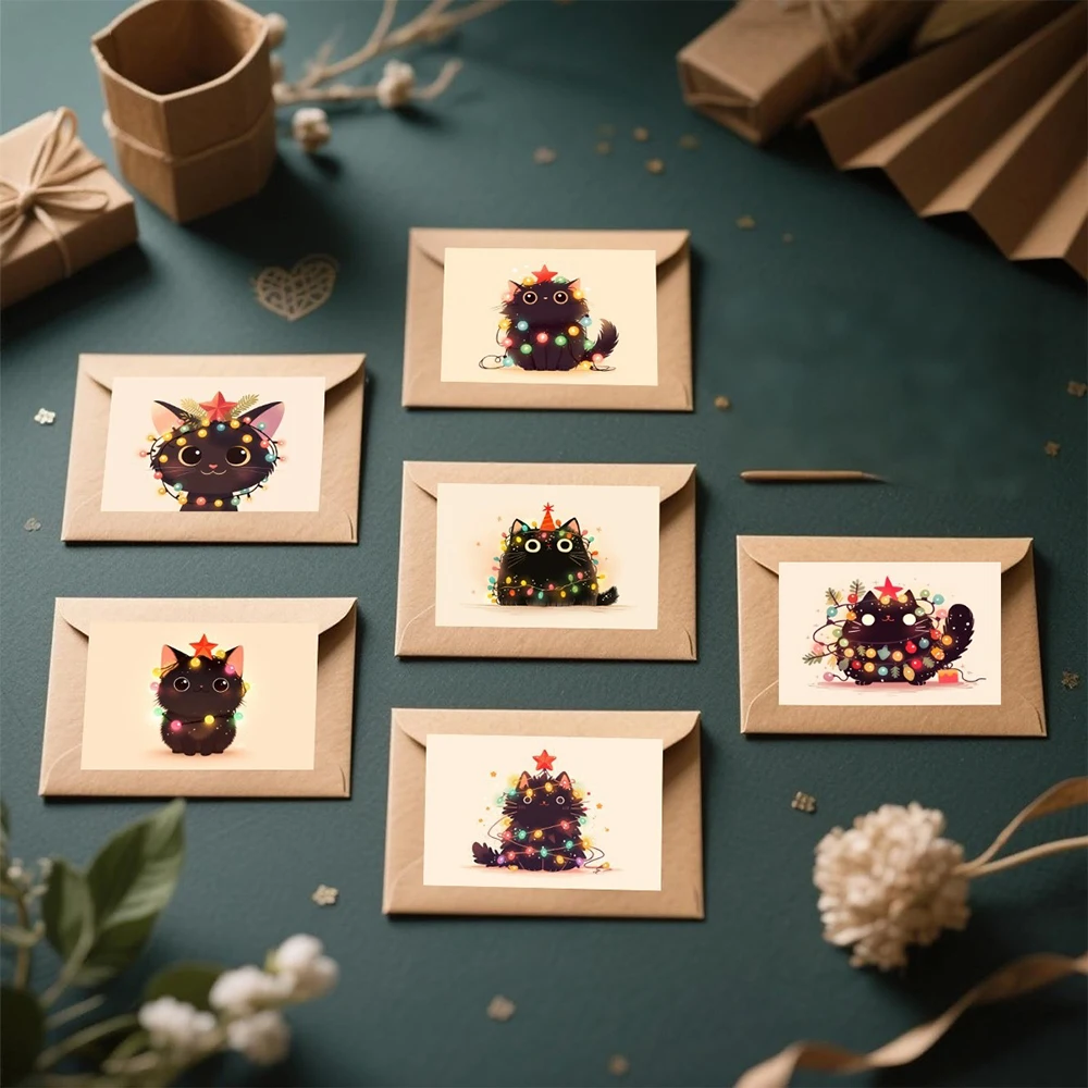 Cute Cat Card Cartoon Birthday Card Holiday Blessing Gift Card Christmas Gift (6 cards+6 envelopes)