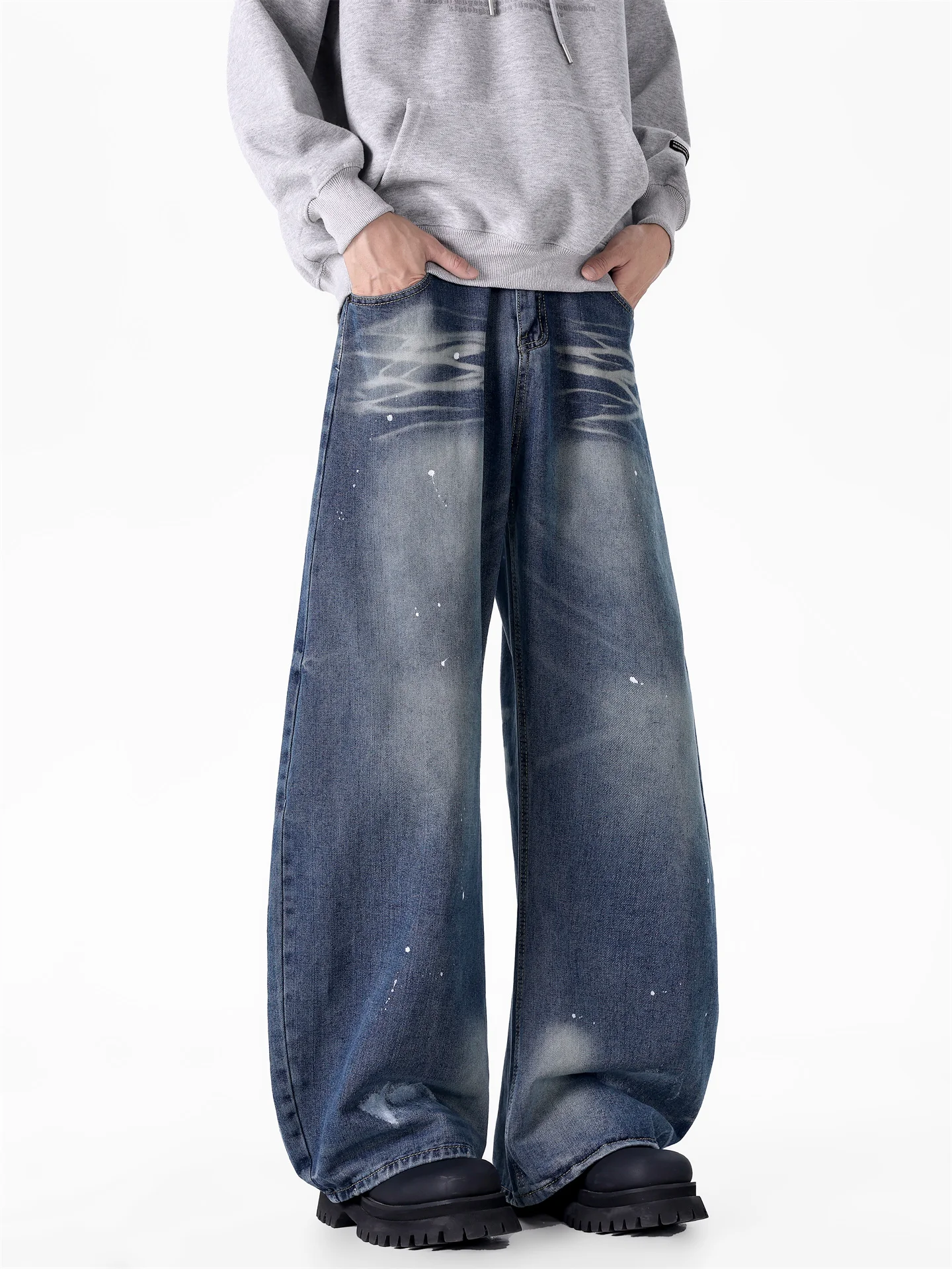 

Loose Wide Leg Men's Jeans High Street Waed American Retro 3D Micro Flared Denim Pants Casual Straight Cut Trousers