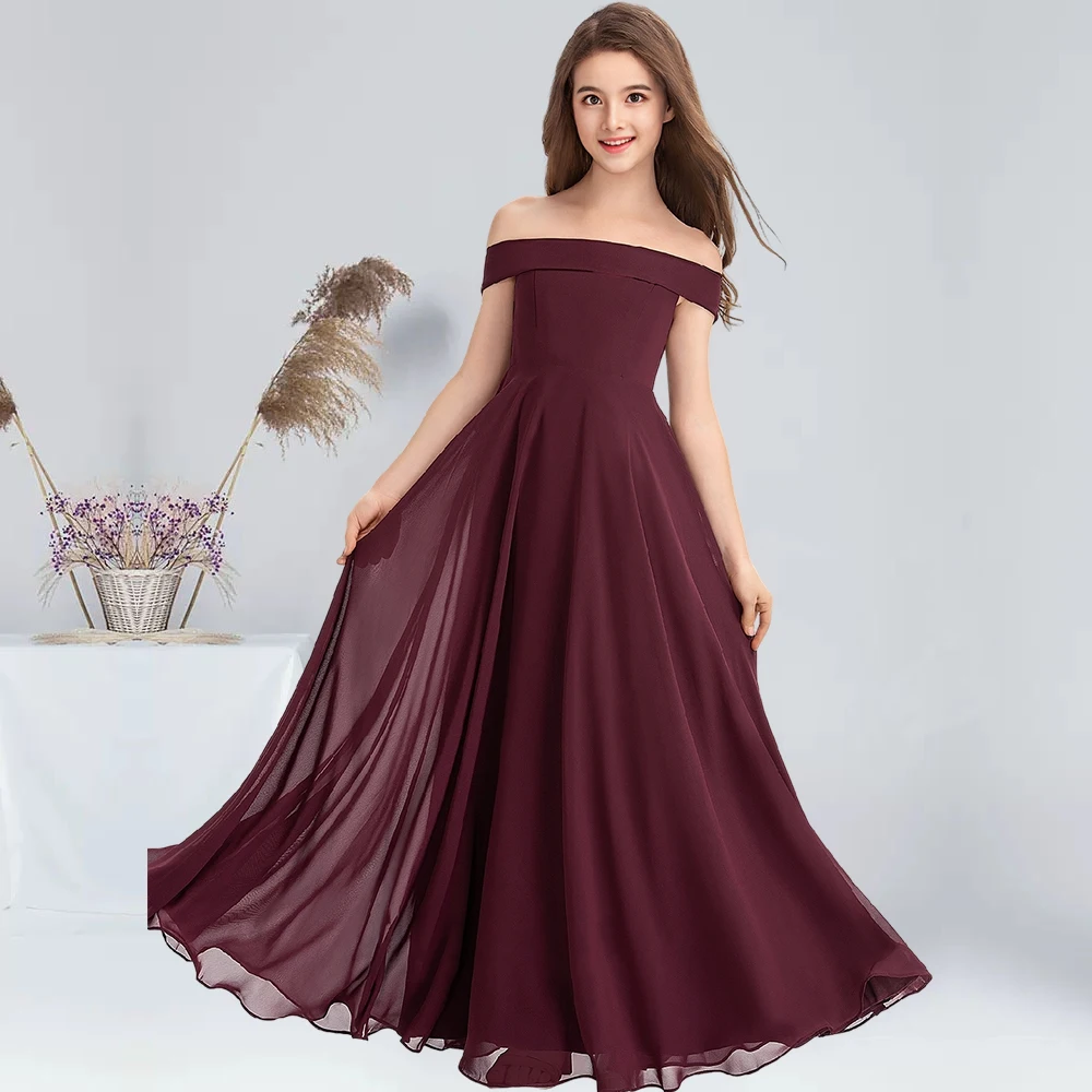 A-line Off the Shoulder Floor-Length Chiffon Junior Bridesmaid Dresses Cabernet Flower Girl Dress Wedding Junior Party Dress