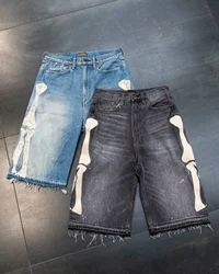 Jean Délavé Rétro Américain pour Homme, Short Brodé Tête de Mort Personnalisé, Pantalon Droit Décontracté, Mode Harajuku Y2K, Nouvelle Collection