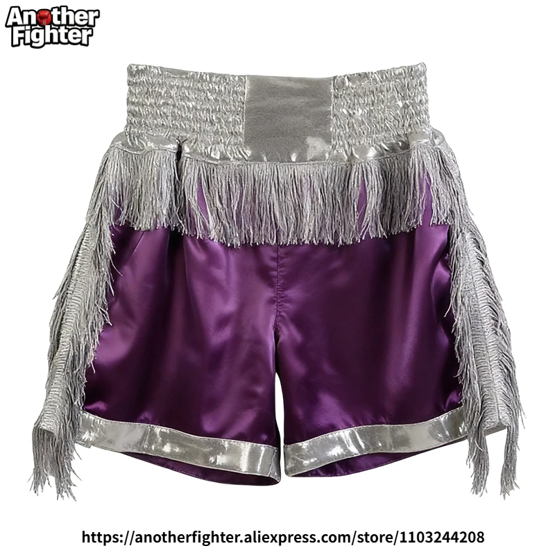 

Muay Thai Kickboxing Shorts Glitter Tassel Professional Fight Trunks For Amateur Boxer Training Solid Color Satin Boxing Pants