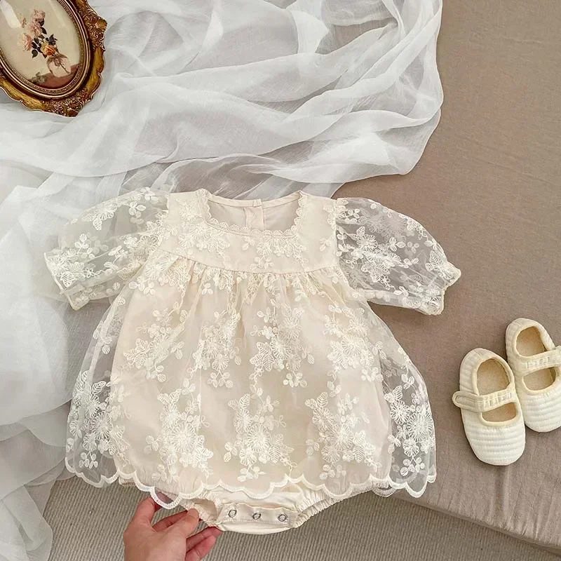 5040B Newborn Girl Clothes Summer New Floral Embroidered Girl's Romper Skirt Short Sleeve Princess Climbing Clothes Dress