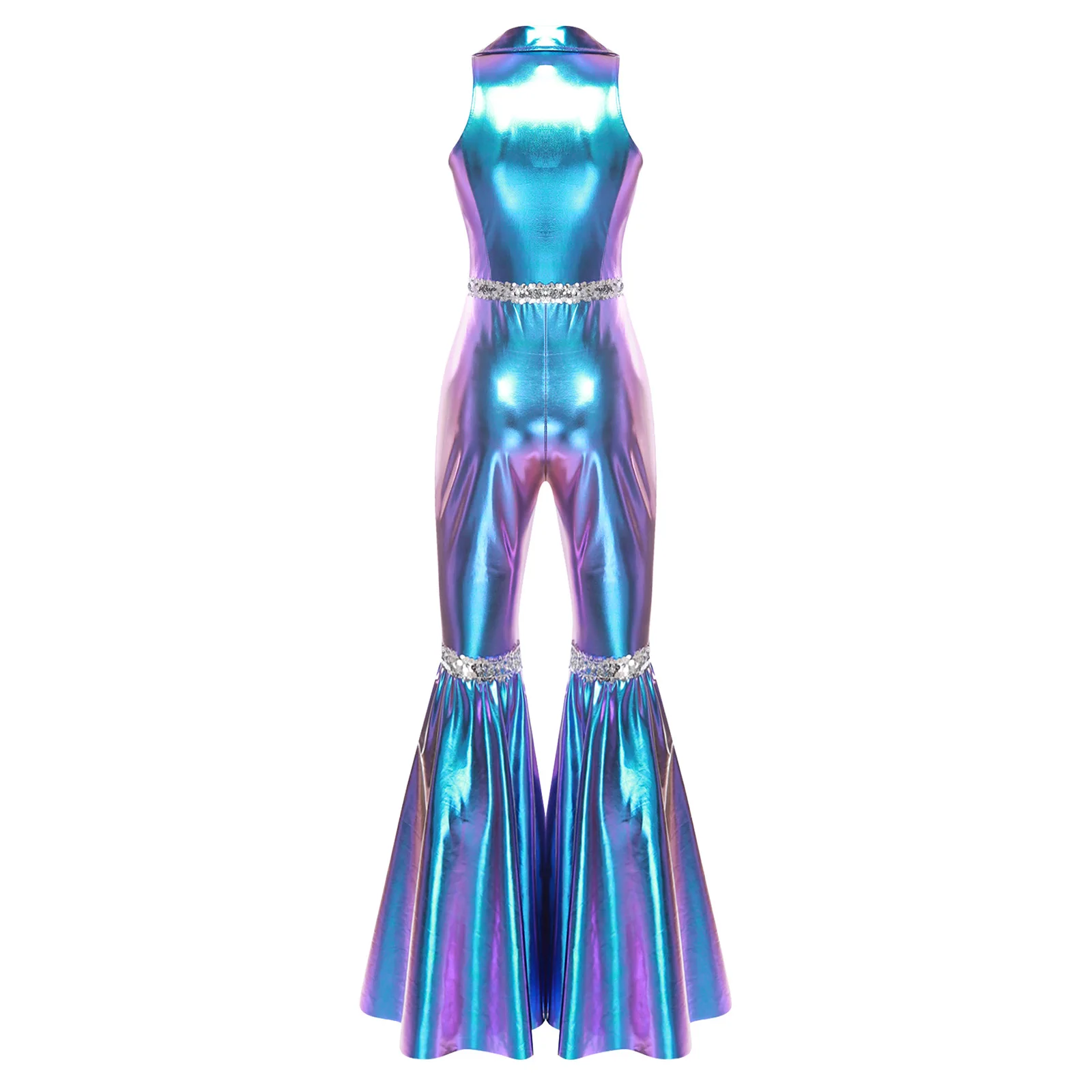 Pagliaccetti da discoteca da donna anni '70 con risvolto, scollo a V, senza maniche, cerniera frontale, paillettes, fondo a campana, pantaloni lunghi, tuta per la danza jazz retrò