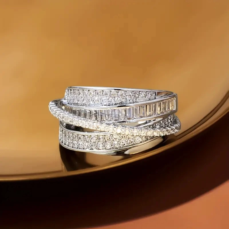 Huitan Multi-layers Cross Rings Full with Crystal CZ Sparkling Women Rings for Wedding Party Silver Color Modern Fashion Jewelry