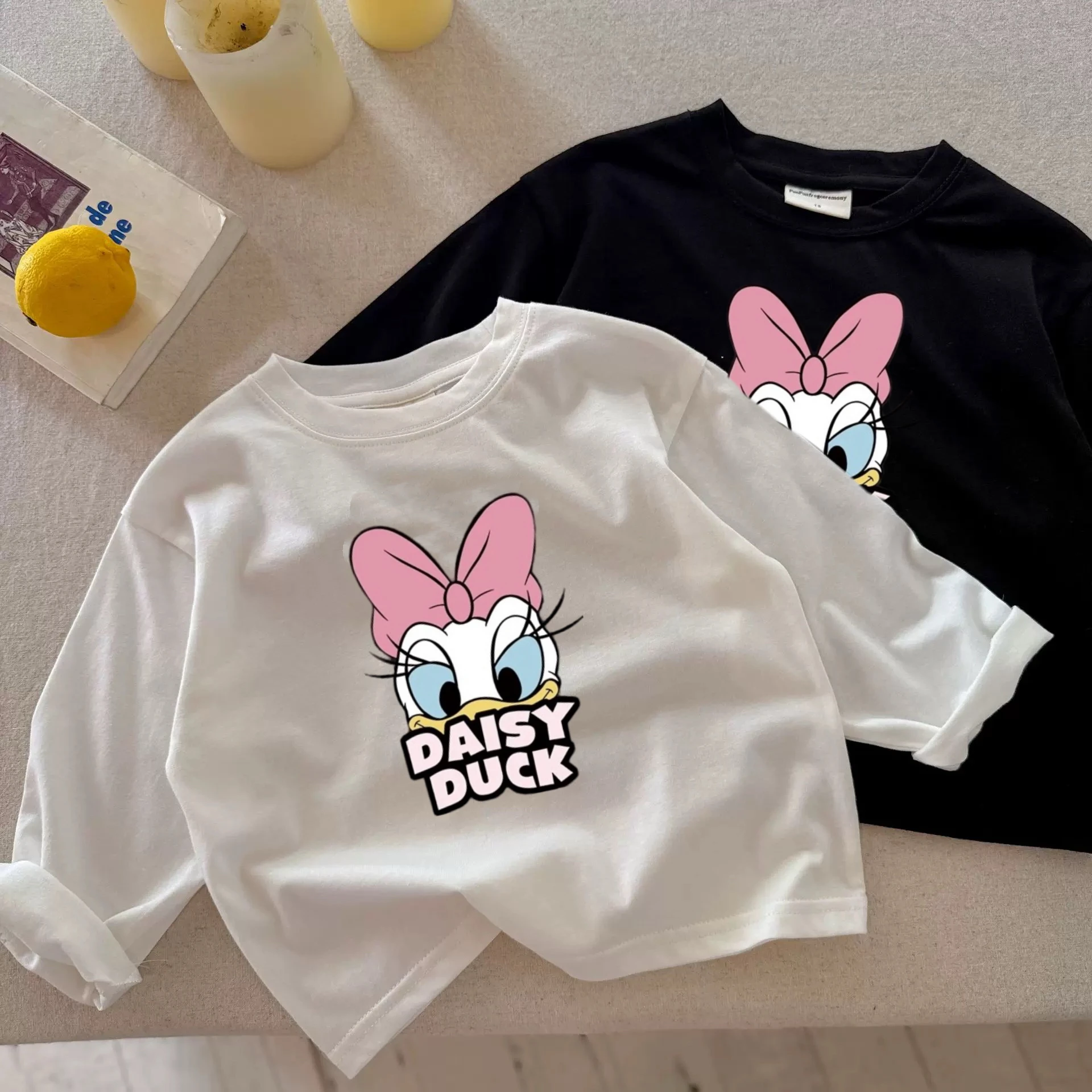

Daisy Duck T-shirts New Design Clothes White Black Simple Long-sleeved Tees For Children Fashion Casual Wear Cute Printed Tops