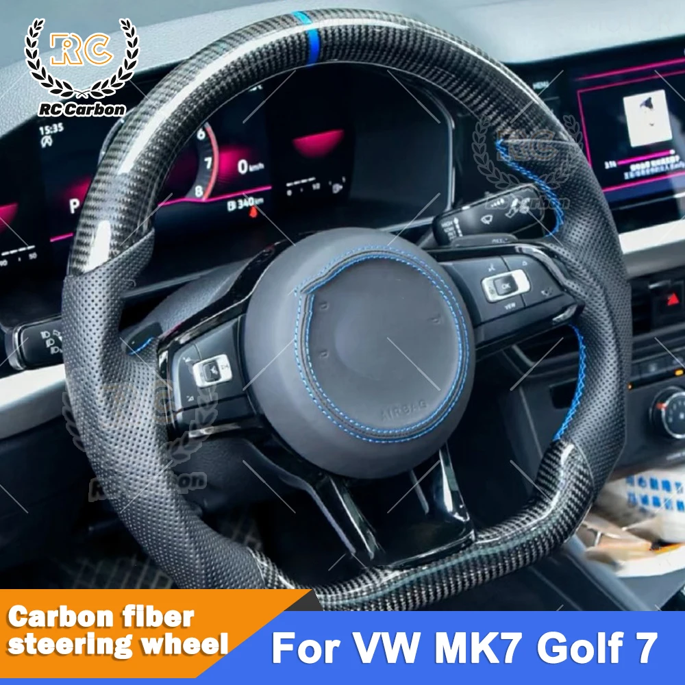 Real Carbon Fiber Steering Wheel leather For Volkswagen Golf 7 7.5 GTI GTD GTE R 2013-2020 GTI Tiguan Passat DSG Blue