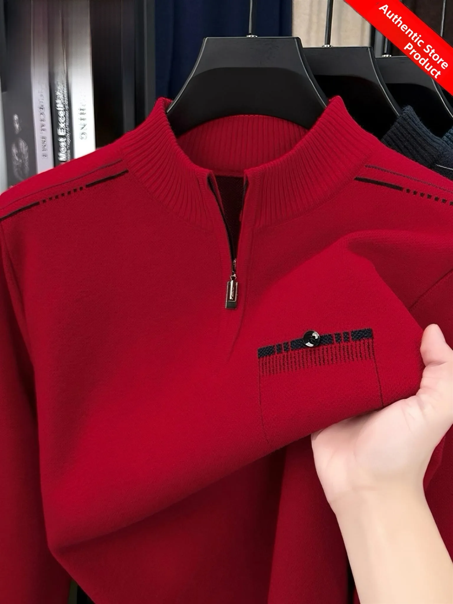 

Мужской вязаный свитер Pierre Cardin на молнии, средней длины, с воротником-стойкой, красный, повседневная зимняя одежда