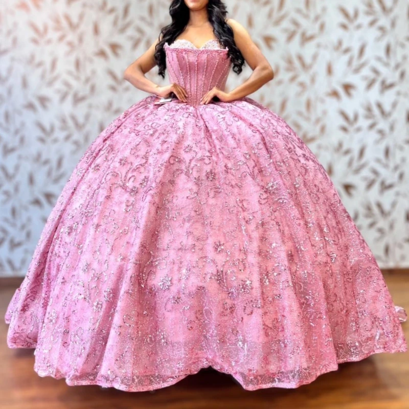 

Pink Shiny Quinceanera Dresses Ball Gown Off The Shoulder Sequin Applique Beading Tull Party Birthday Sweet 16 Dress Vestidos 15
