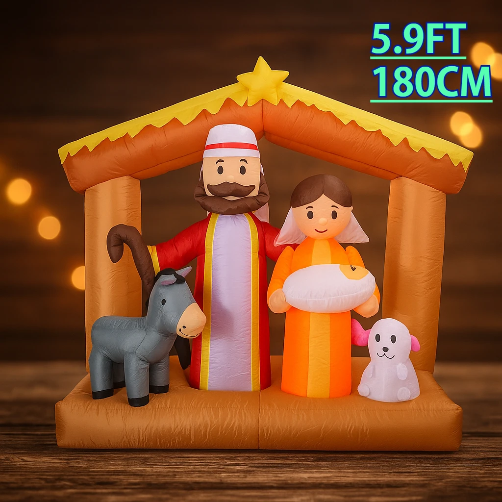 

5.9FT Xmas Yard Decorations Inflatable Christmas Nativity Scene Decor Holy Family Donkey Lamb LED Christmas Ornament Gifts Toy
