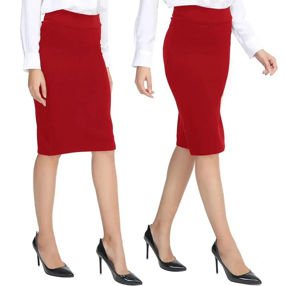 Women Pencil Skirt Business Stewardess Commute High Waist Skinny Solid Color Elastic Slim Fit Knee Length Office Ladies Skirts