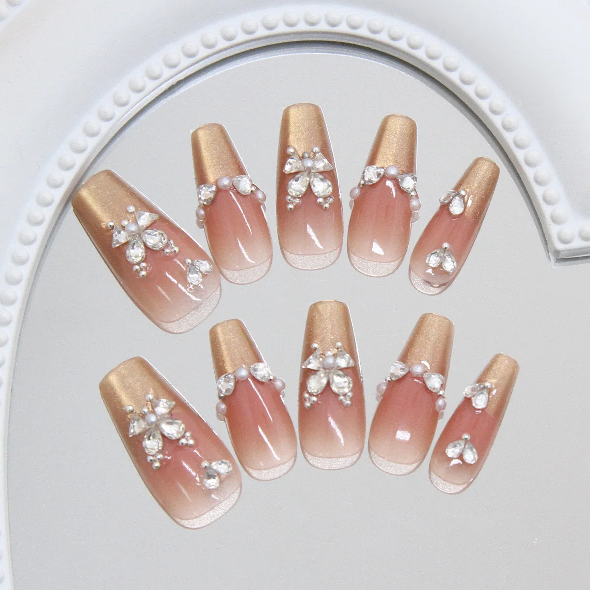 24pcs Nail Tips Manicure Diamond Press on Nails French Fake Nails Butterfly Ballerina Long French Press on Nails with Pearl