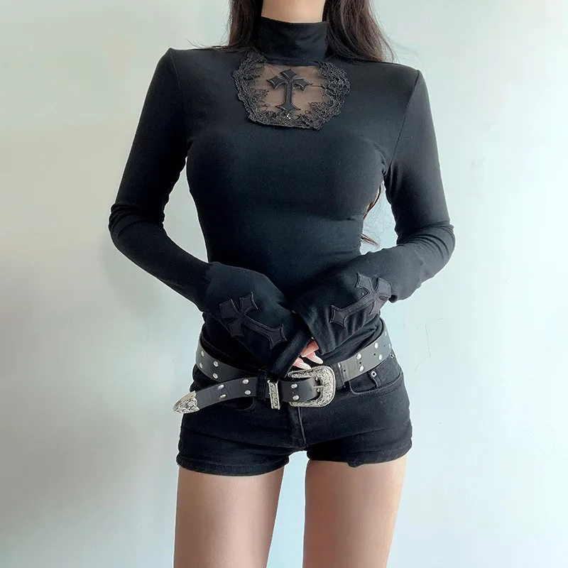 Goth Dark Elegant Fashion Mesh Patchwork Cross T-shirts Mall Goth Slim Turtleneck Pullovers Tops Women 90s E-girl Sheer T-shirt