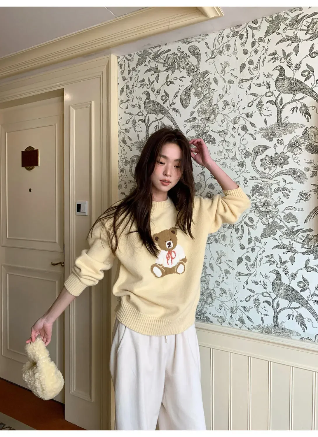 Harajuku Bogen Knoten Bär Nette Cartoon Stickerei Pullover Süße Lolita Mädchen Winter Gestrickte Jumper Y2K Tops Koreanische Pullover Lose