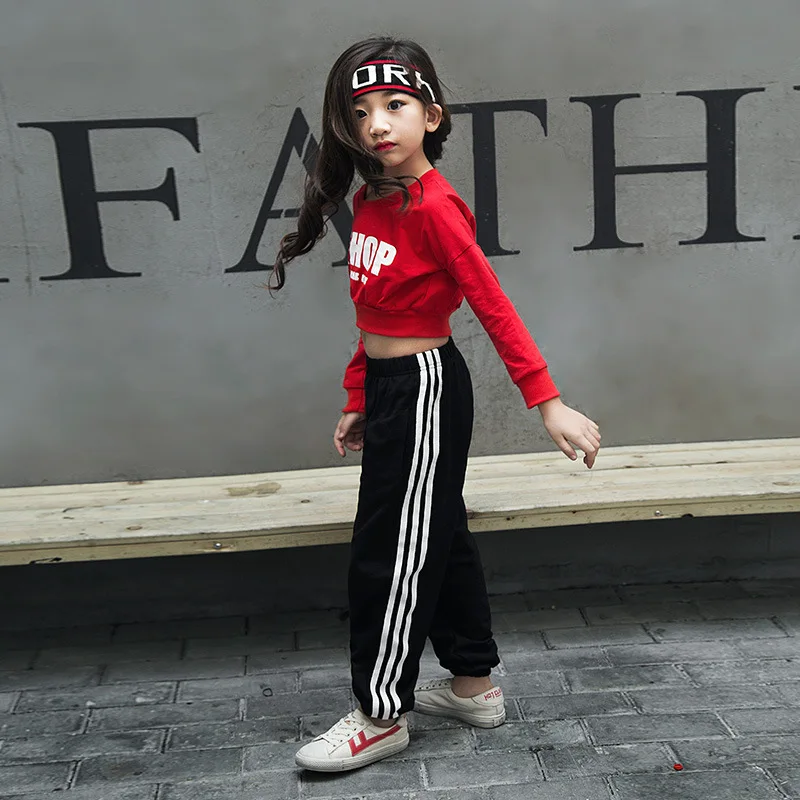 Cropped Tops Shirt For Kid Street Modern Dancing Clothes Wear Girls Red Long Sleeved Jazz Hop Dance Costume Loose Sweater