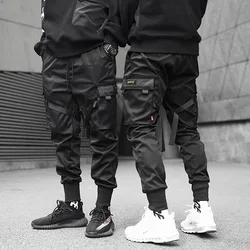 Classic Streetwear Hip Hop Joggers Men Letter Ribbons Cargo Pants Pockets Track Tactical Casual Male Trousers Sweatpant KZ99