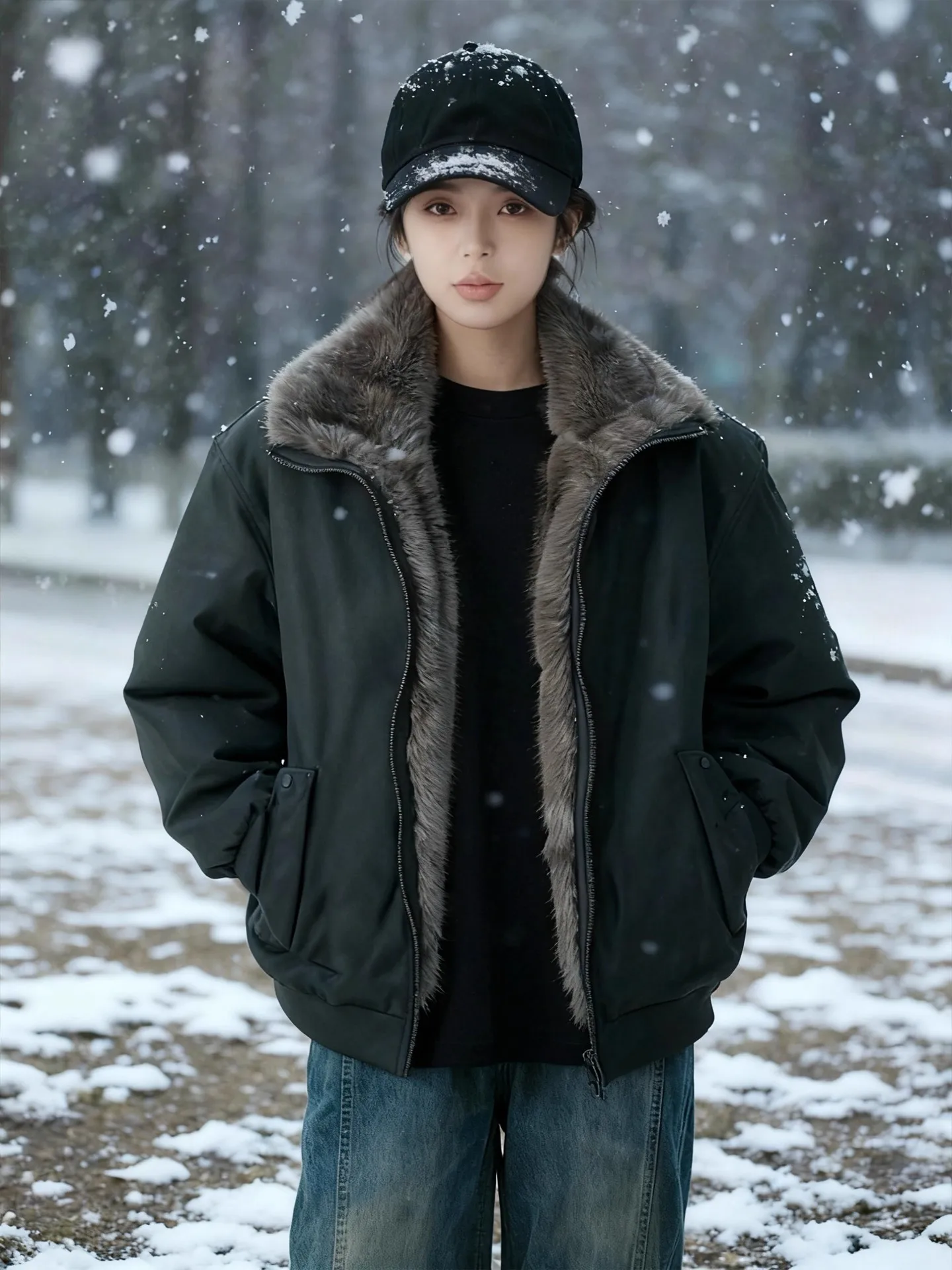 

Men's Double-Sided Wearable Thiened Fce Lined Canvas Cotton Jaet Winter Warm Workwear eepskin Cotton Coat