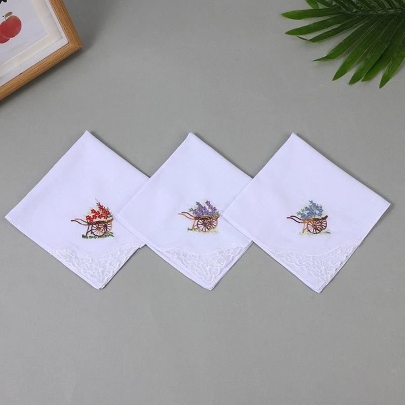 Embroidery Flower Handkerchief Towel Kerchief for Women Square Kerchief Plain Bandanas Pocket Square Towel Hankie 11''