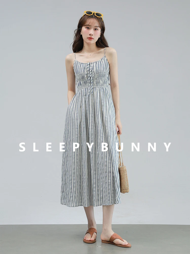 

Vintage Striped Sundress Women Summer Elegant Sleeveless High Waist A-Line Midi Dress Front Casual Flowy Slim Fit Beach Outfit