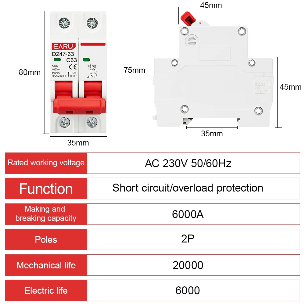 2P AC MCB C Type Circuit Breaker Overload Protection Short Circuit Protection Small Household Switchgear Main Switch 230/400V