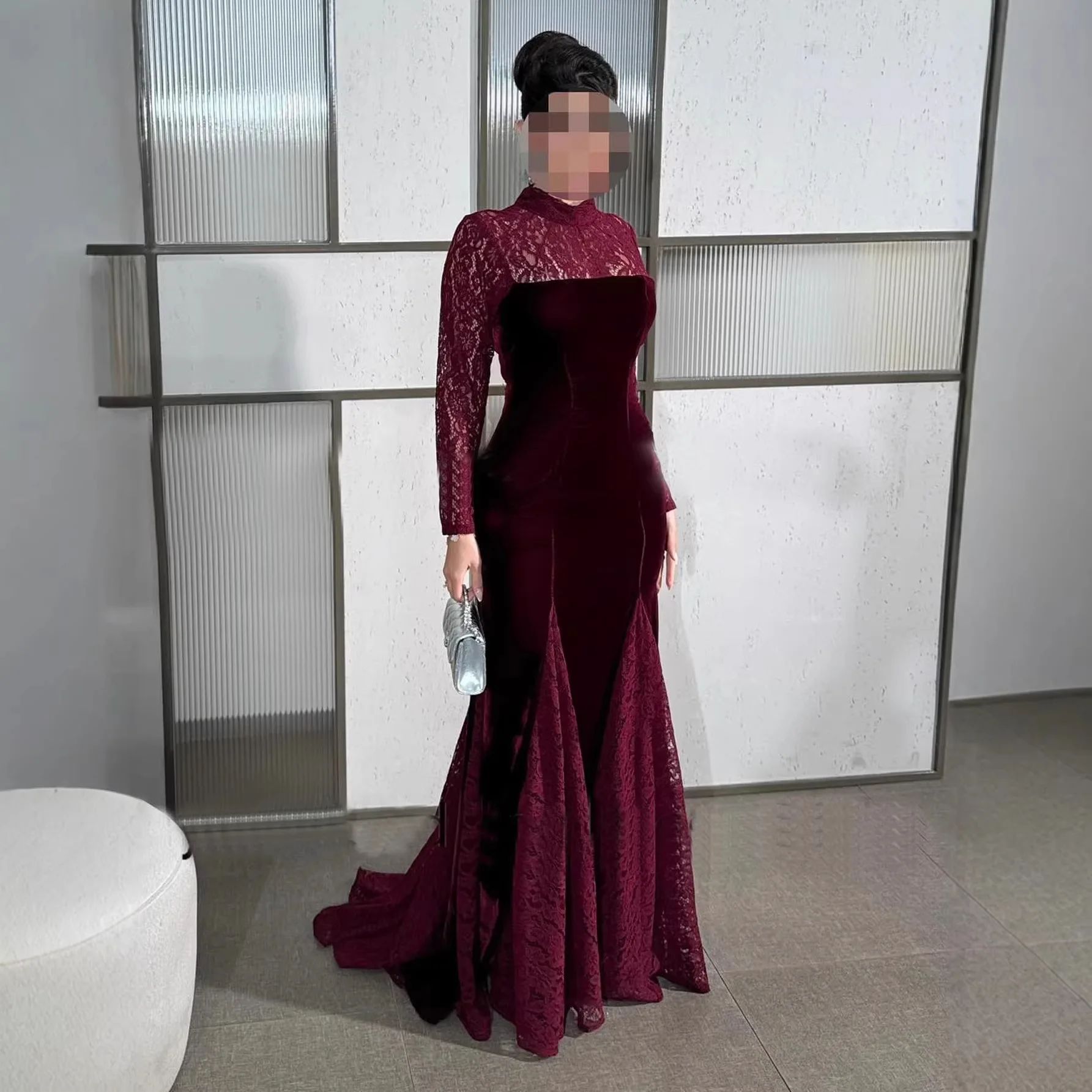 Frühling Herbst Damen Neue Mode Spitze Langarm Samt Eng Anliegendes Bodycon Meerjungfrauenkleid Tägliche Kleidung Büro Date Vielseitiges Schlankmachendes Kleid