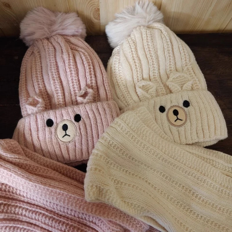 

Cute Cartoon Bear Hat Scarf Set for Little Girl Knitted Thicken Furry Warm Crochet Bonnet Scarf Set for Toddler Winter Stuff