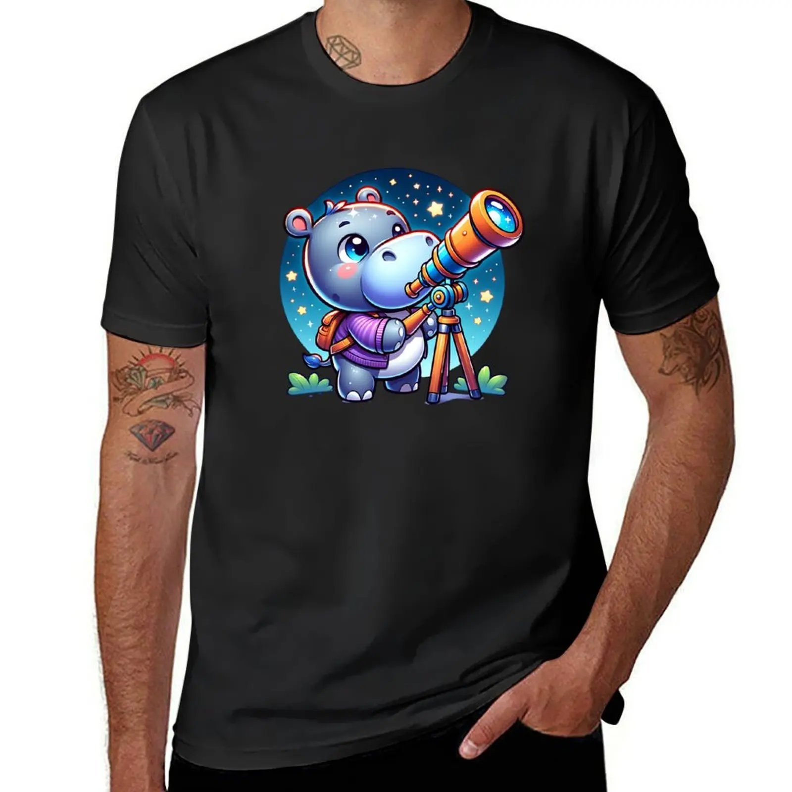 Stargazing Hippo: Exploring the Night Sky T-Shirt heavyweights boys animal print anime clothes mens plain t shirts