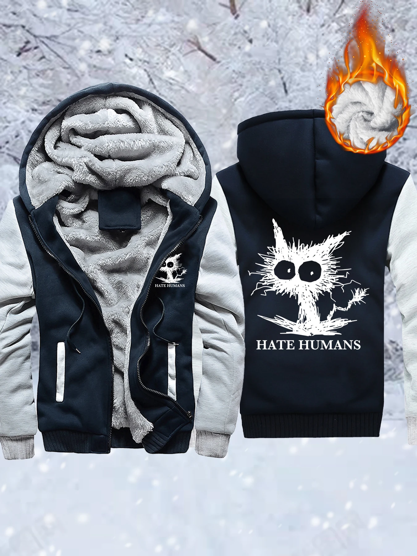

Hate Humans Cartoon Cat Pattern Thicken Coats Men Casual Oversized Streetwear Winter Fleece Zipper Hoodies Camouflage Jackets